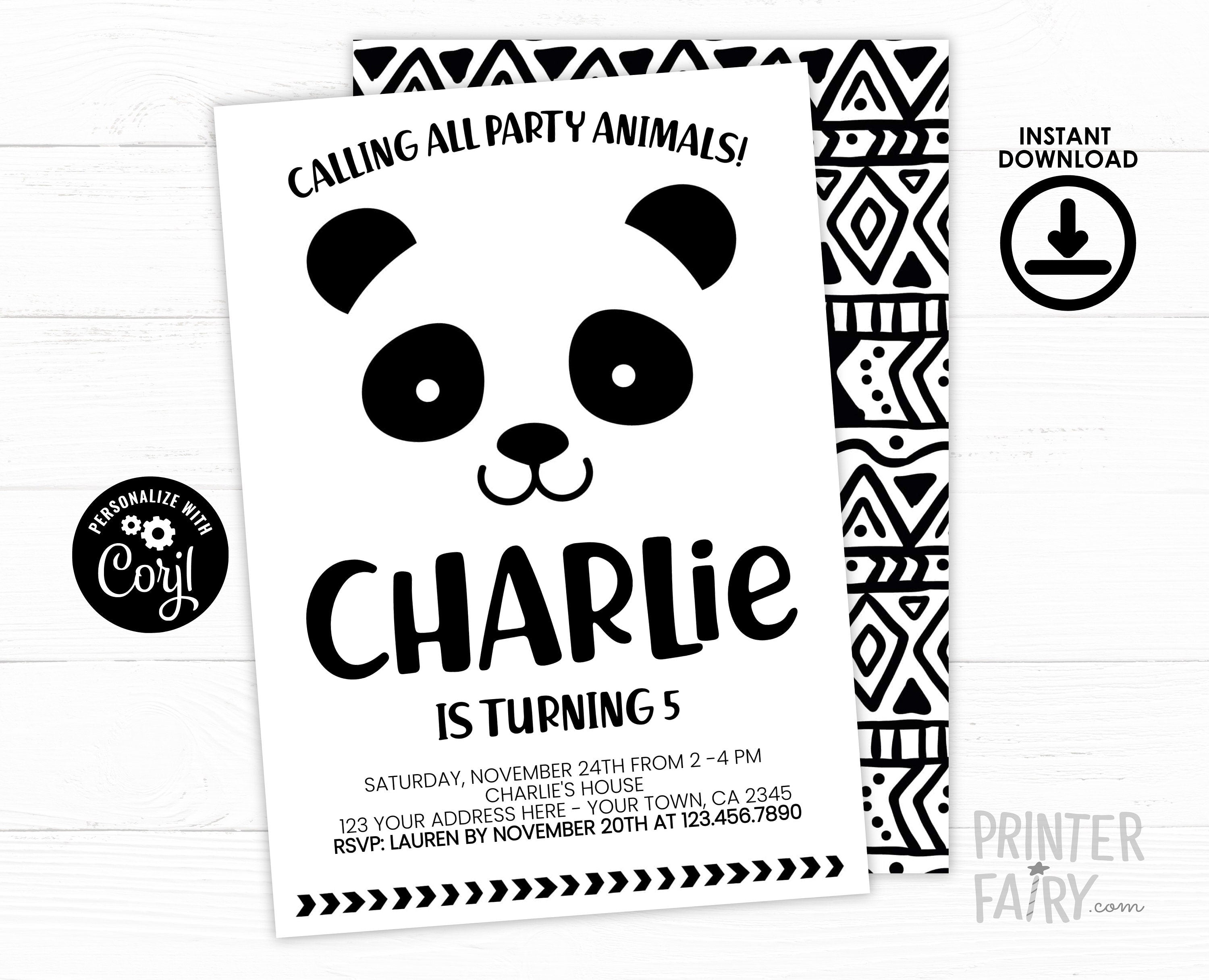 Panda Birthday Party Invitation Editable Template, Any age and wording, Instant Download