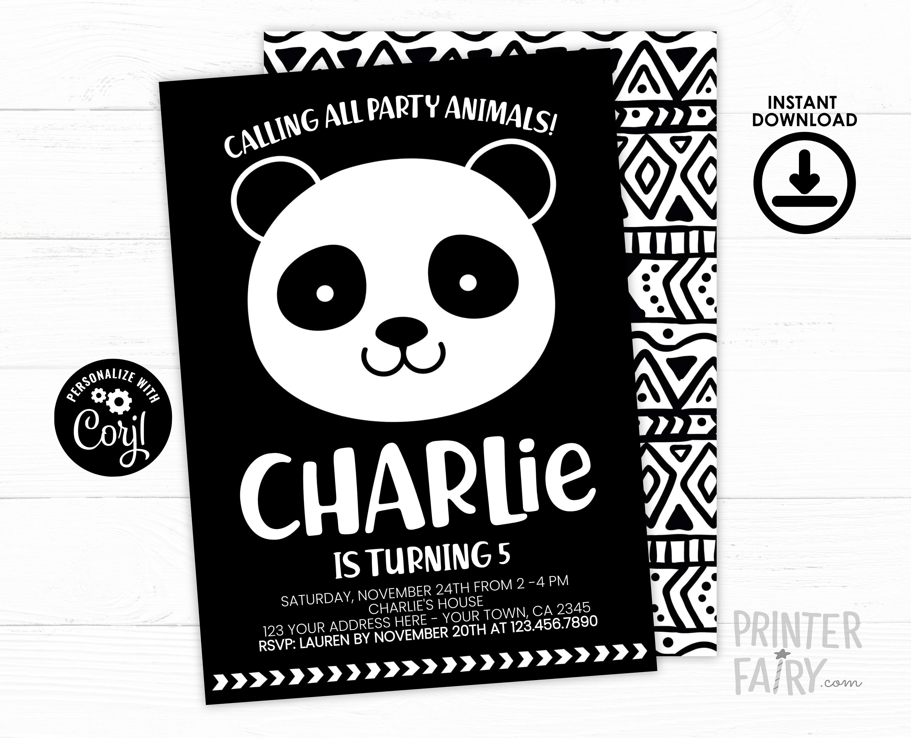 Panda Birthday Invitation, Modern Black White, Any Age (Digital Download)