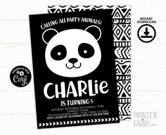 Panda Birthday Invitation, Modern Black White, Any Age (Digital Download)