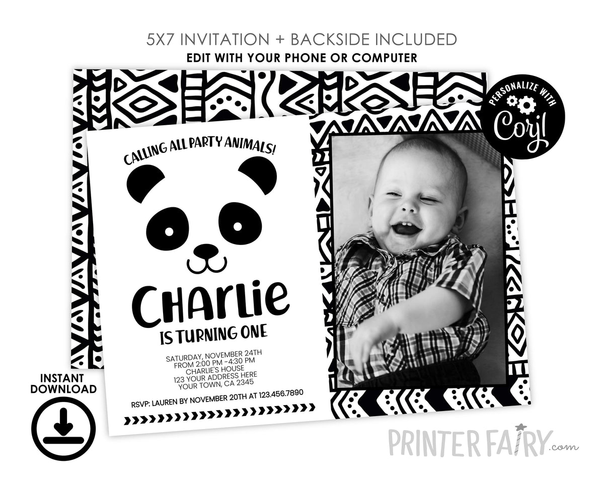Panda Birthday Invitation with Photo, Black and White (Digital Invite)