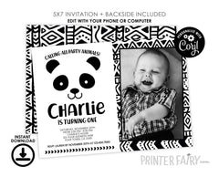 Panda Birthday Invitation with Photo, Black and White (Digital Invite)