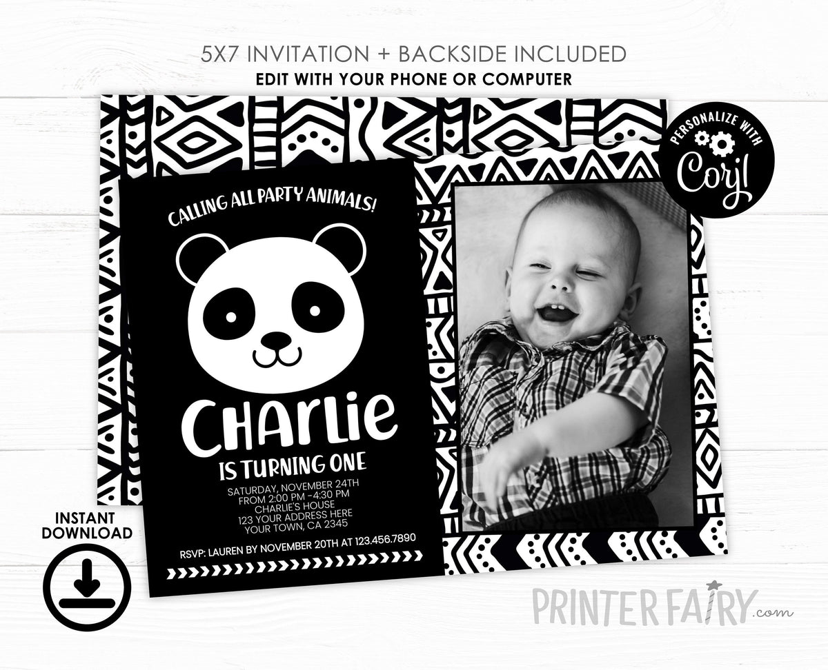 Panda Birthday Invitation with Photo, Editable Digital Invite