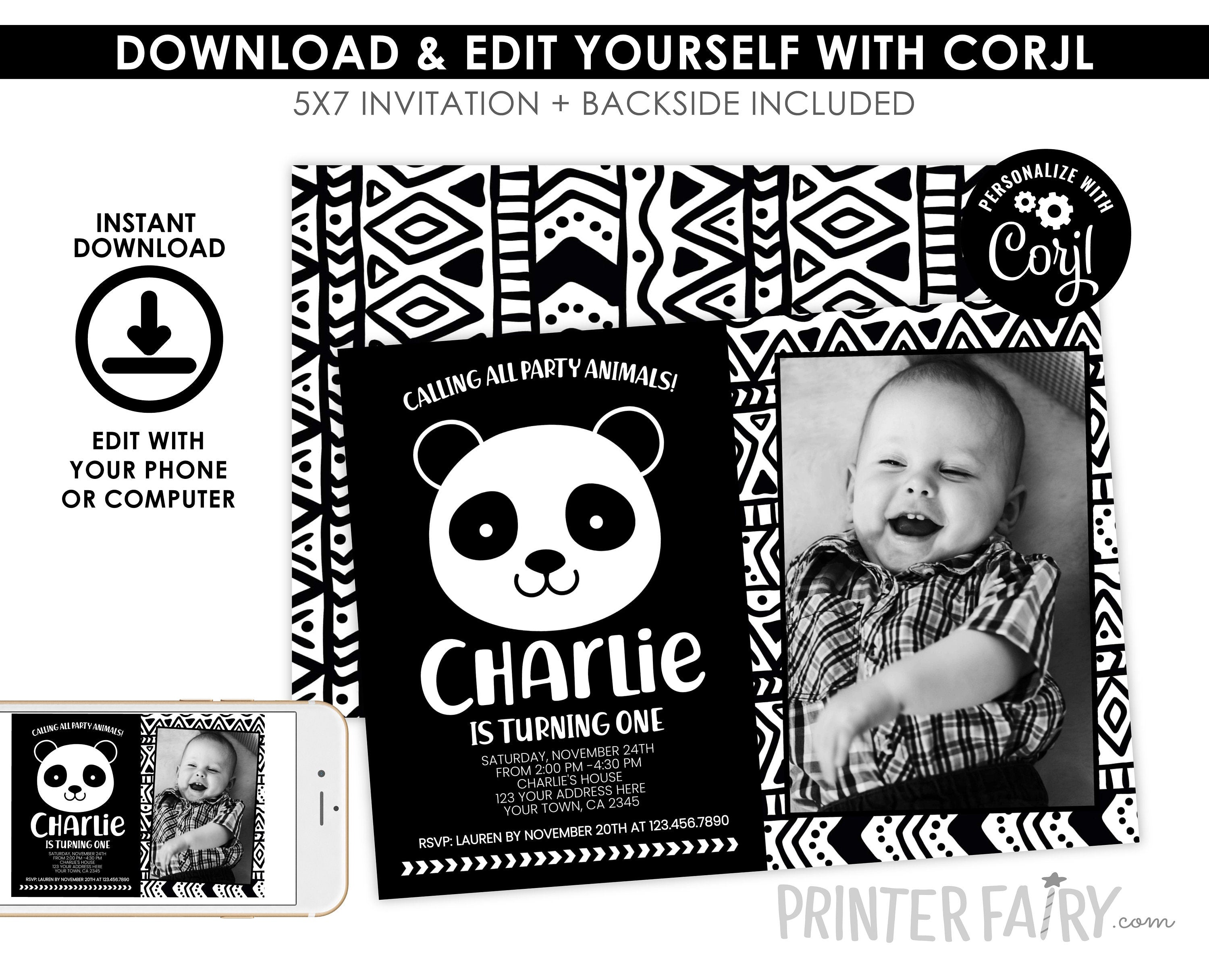Panda Birthday Invitation with Photo, Editable Digital Invite