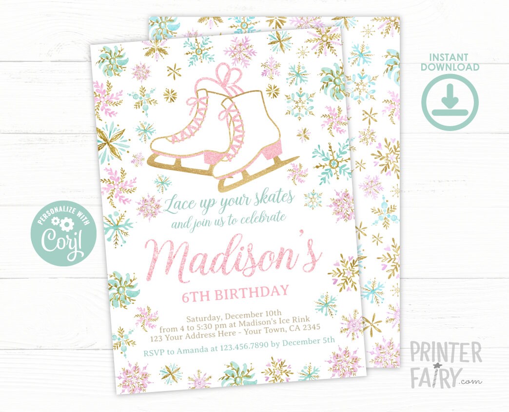 Ice Skating Birthday Invitation, Winter Snowflake Party (Digital Invite)