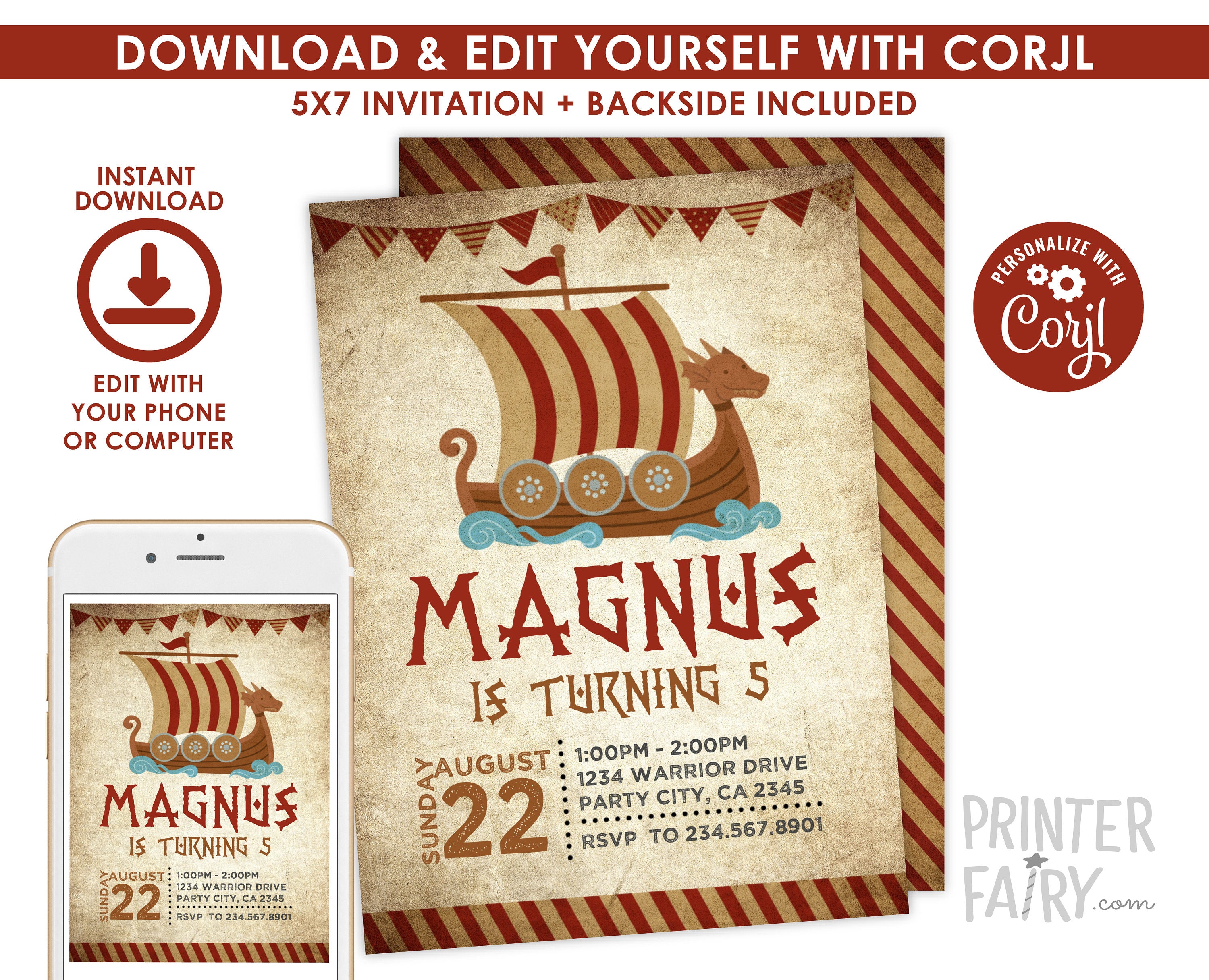 Editable Viking Boat Birthday Invitation (Digital Download)