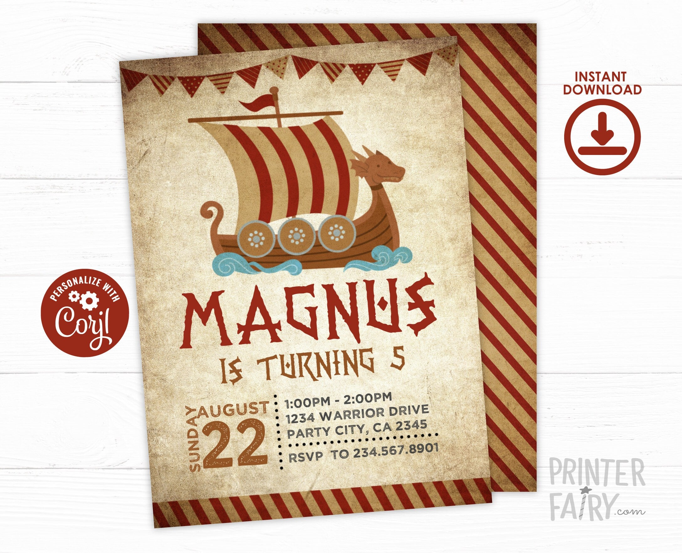 Editable Viking Boat Birthday Invitation (Digital Download)