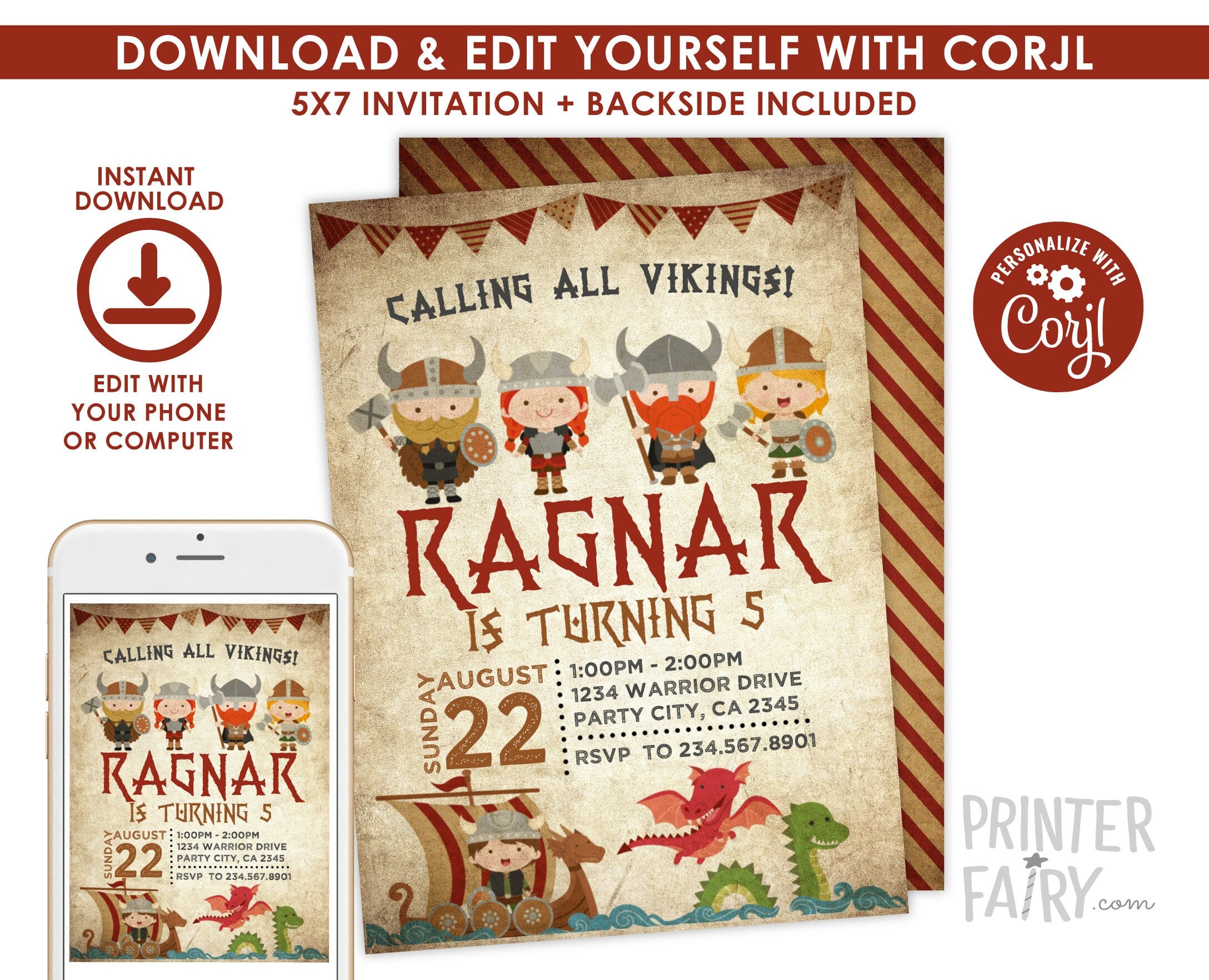 Editable Viking Birthday Invitation, Dragon Party (Instant Download)
