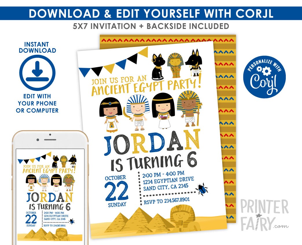 Egypt Birthday Party Invitation Editable Template, Museum Party Invite, Instant Download