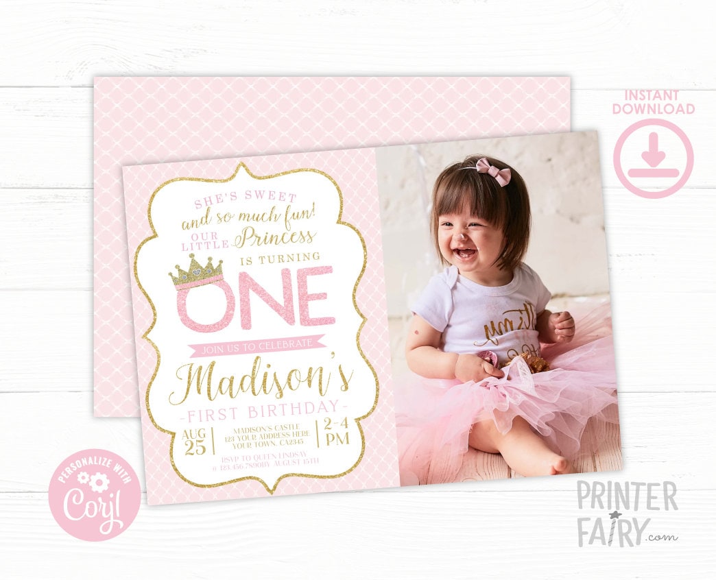 Princess 1st Birthday Invitation with Photo, Pink and Gold (Digital Download)