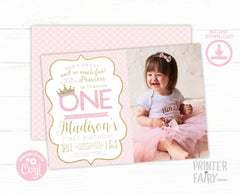 Princess 1st Birthday Invitation with Photo, Pink and Gold (Digital Download)