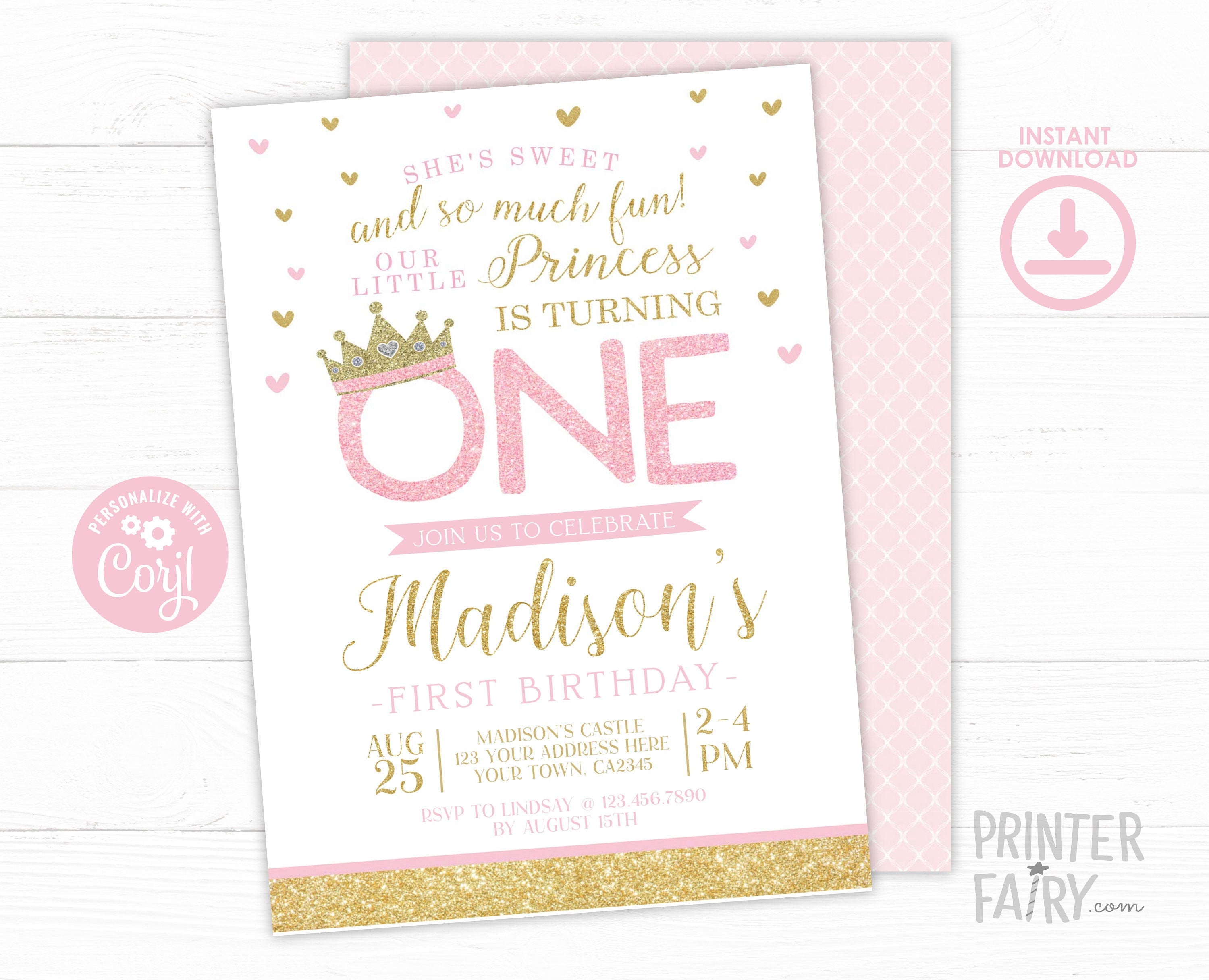 Princess 1st Birthday Invitation EDITABLE Template, Instant Download