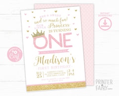 Princess 1st Birthday Invitation EDITABLE Template, Instant Download