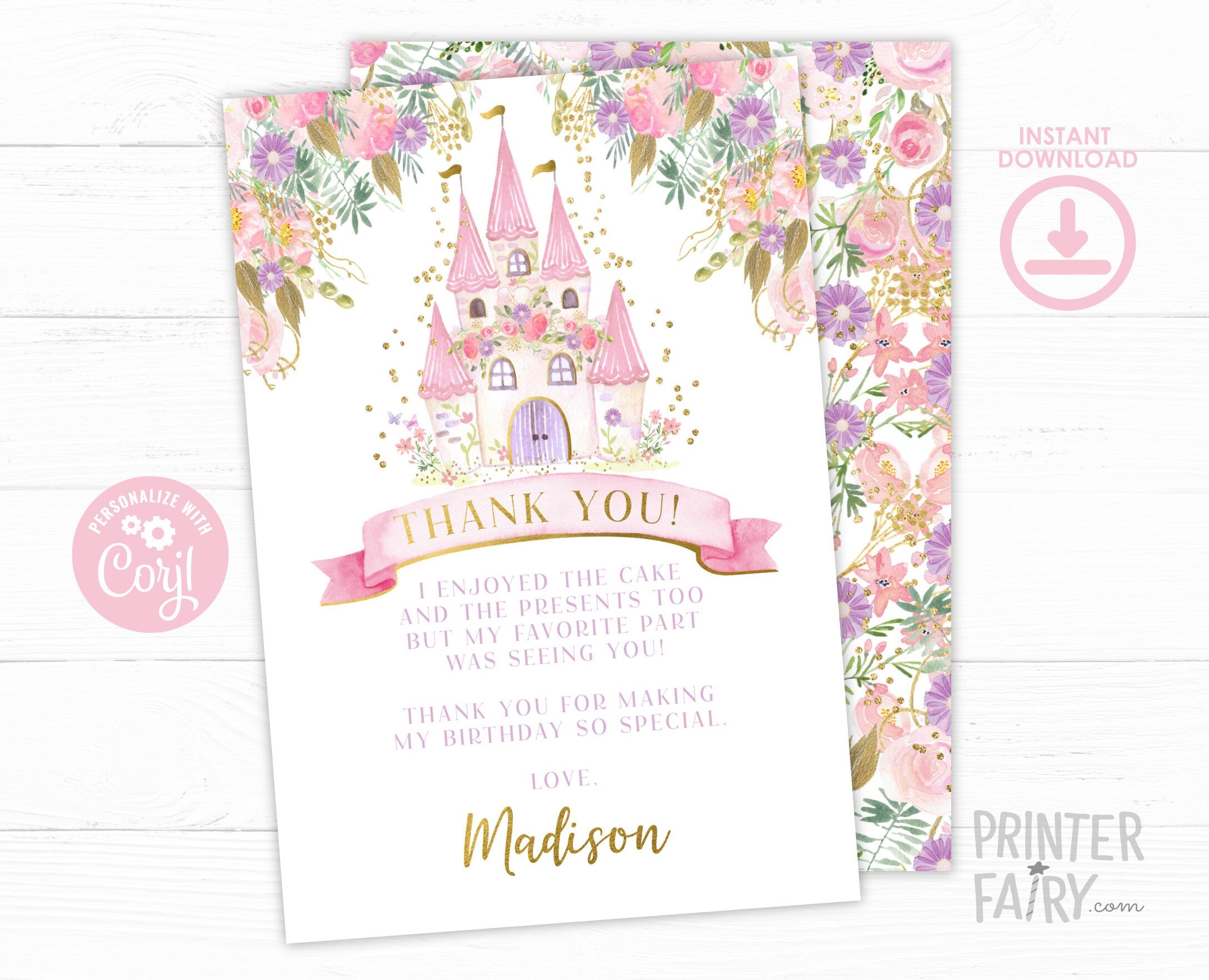 Editable Princess Castle Thank You Card (Digital Download)