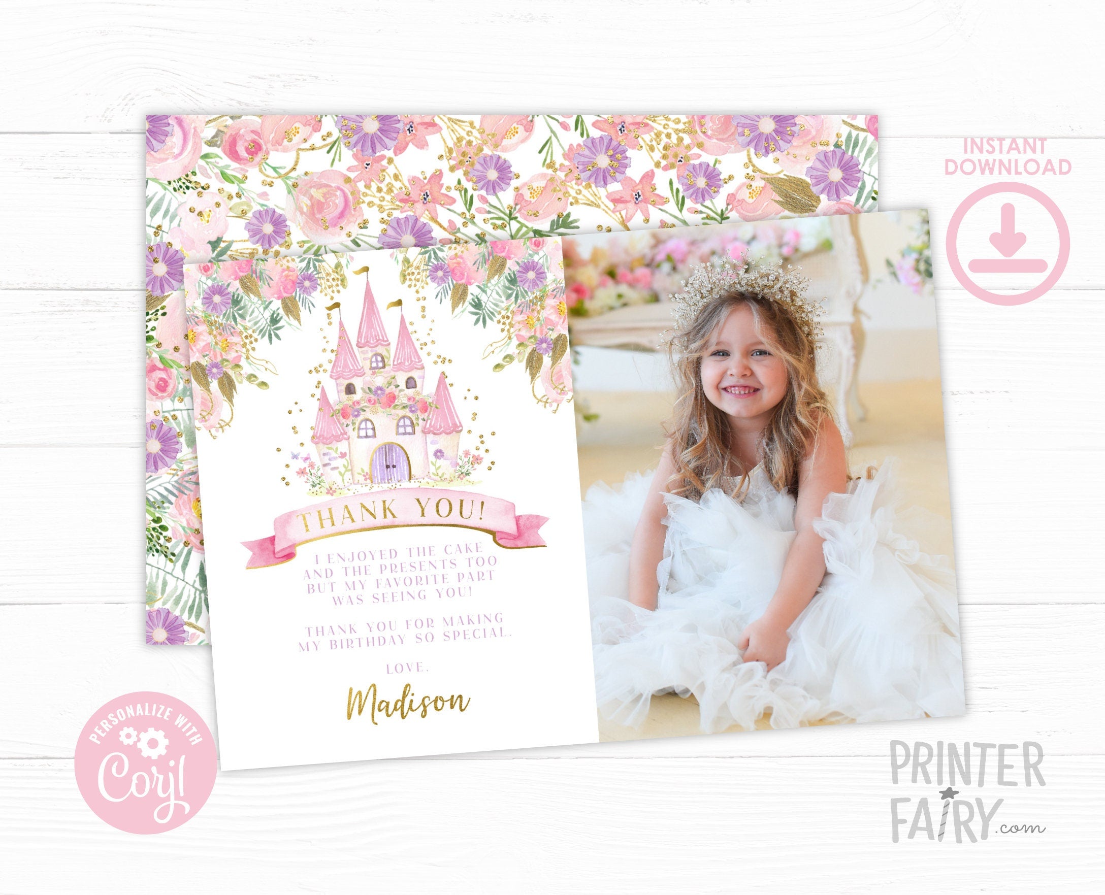 Princess Photo Thank You Card, Royal Birthday, Editable (Digital Download)