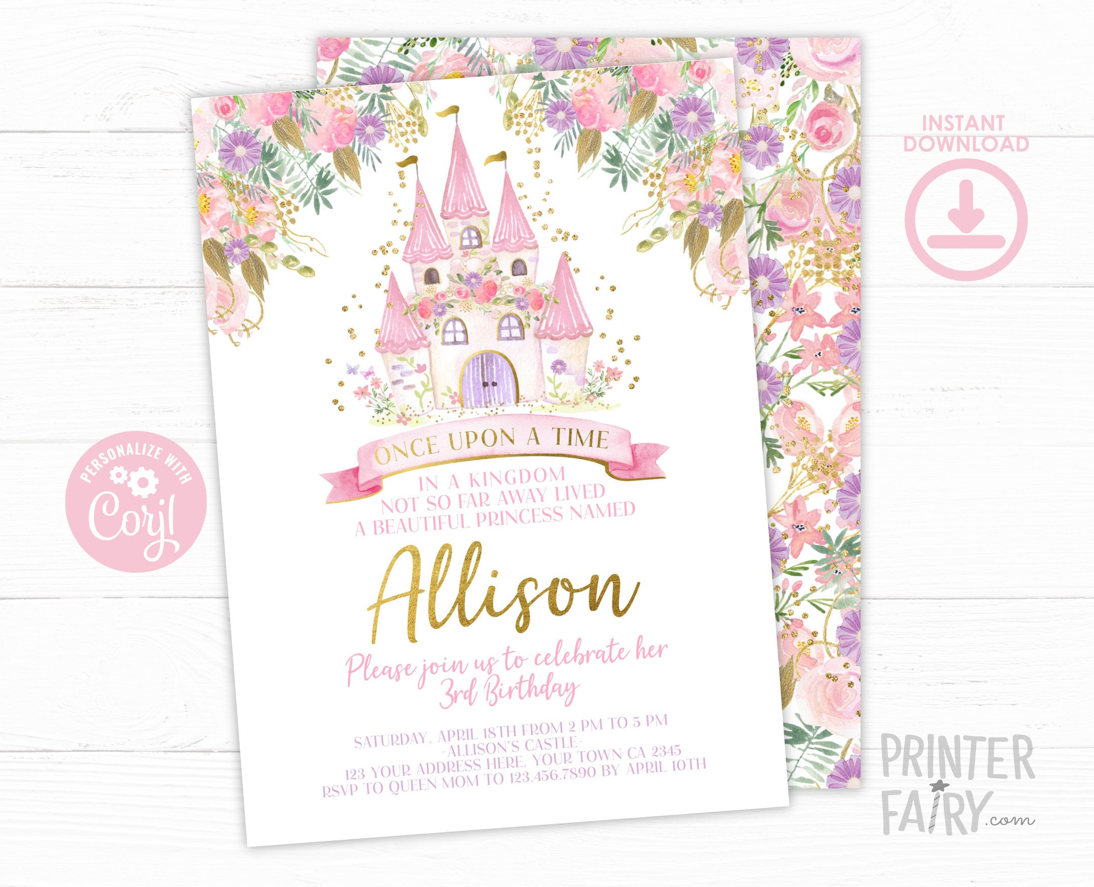 Princess Birthday Party Invitation Editable Template, Instant Download