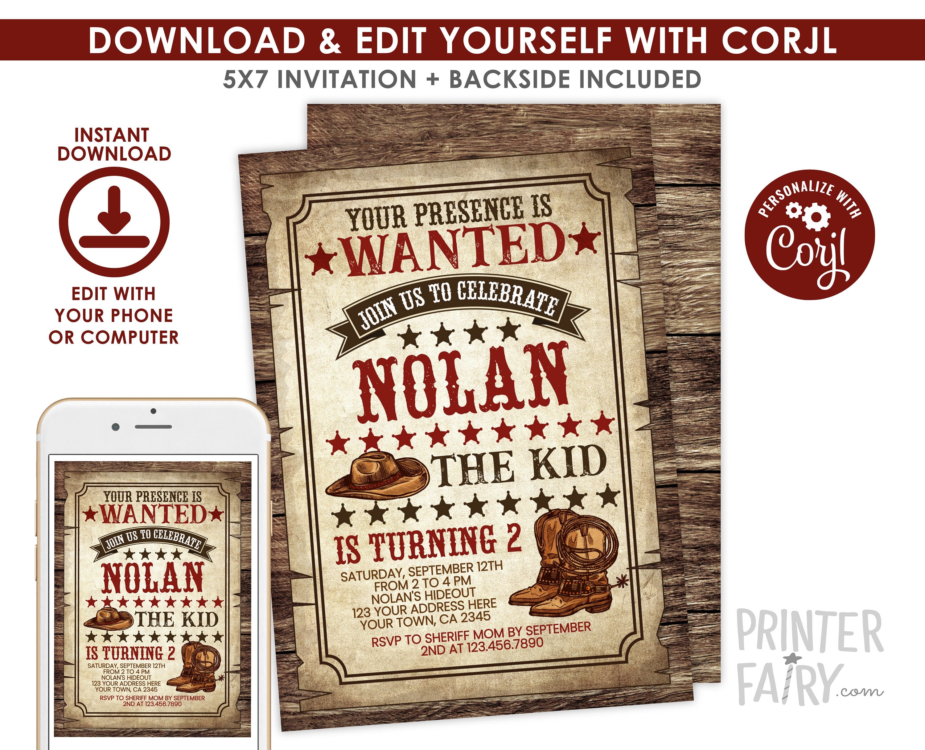 Editable Wanted Poster Invitation, Wild West Birthday (Digital Download)