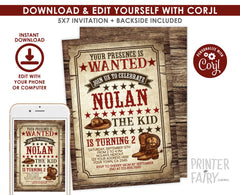 Editable Wanted Poster Invitation, Wild West Birthday (Digital Download)
