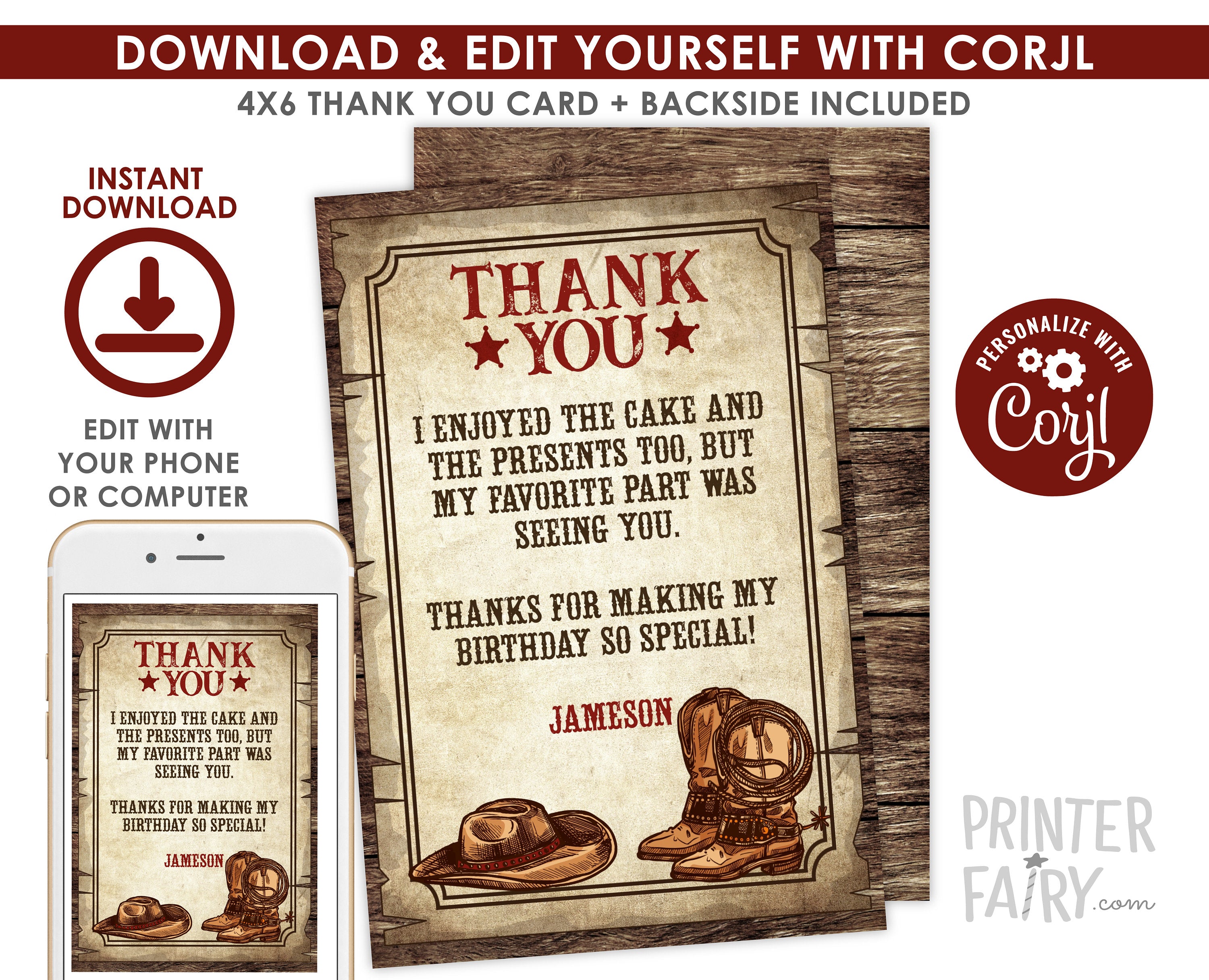 Editable Western Cowboy Thank You Cards (Digital Download)