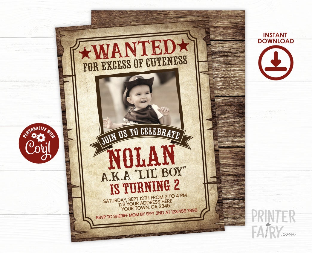 Editable Wanted Poster Birthday Invitation, Wild West Cowboy Party (INSTANT DOWNLOAD)