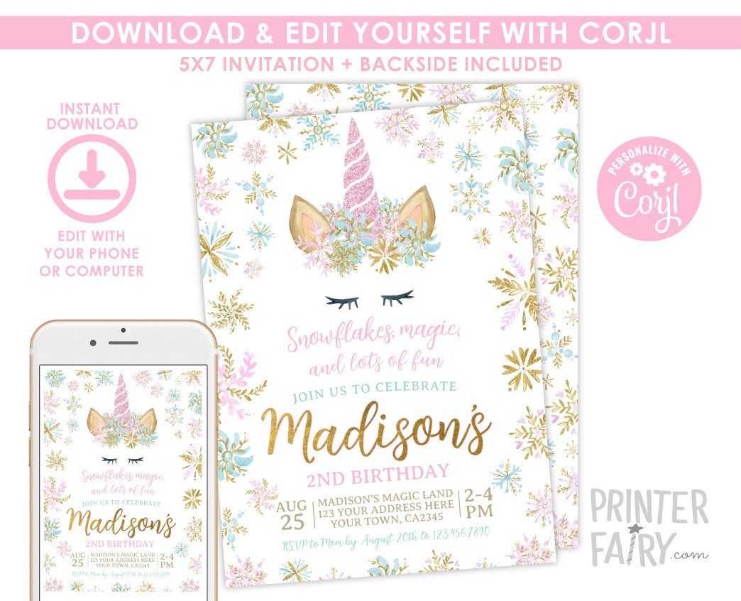 Editable Unicorn Birthday Invitation, Winter Snowflake Party (Instant Download)