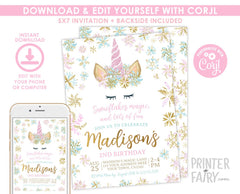 Editable Unicorn Birthday Invitation, Winter Snowflake Party (Instant Download)