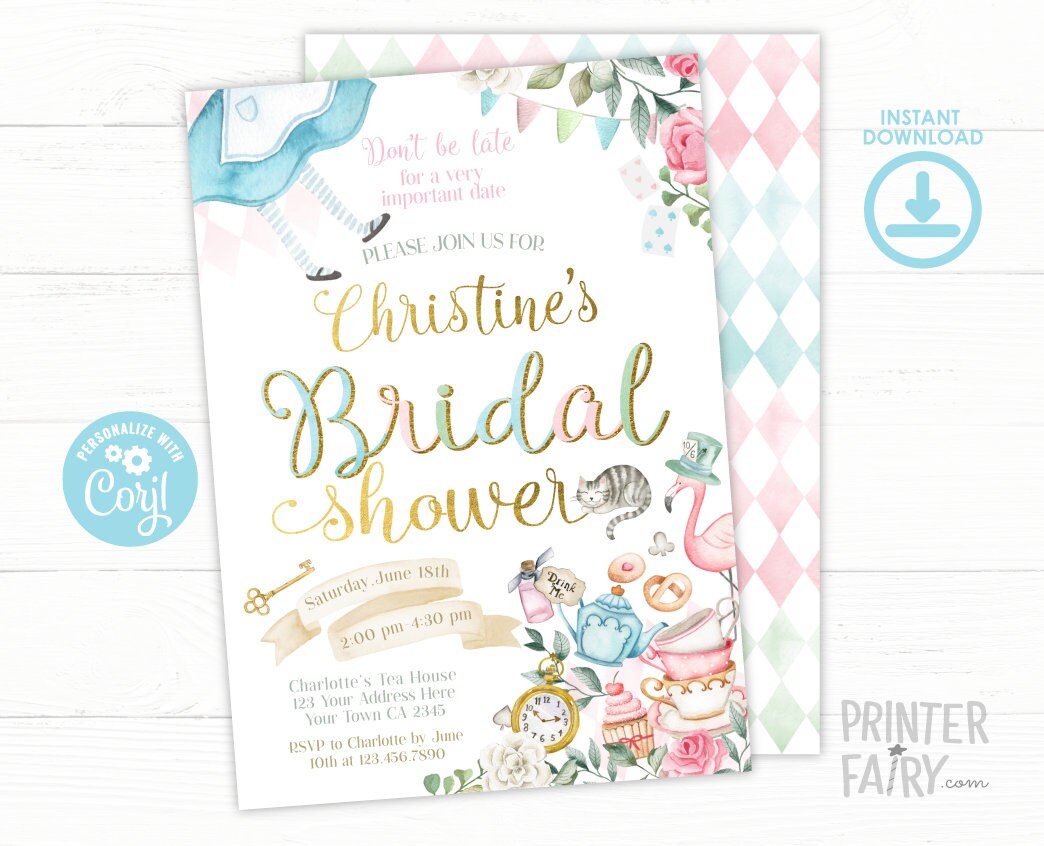 Alice in Wonderland Bridal Shower Invitation, Tea Party (Editable, Instant Download)
