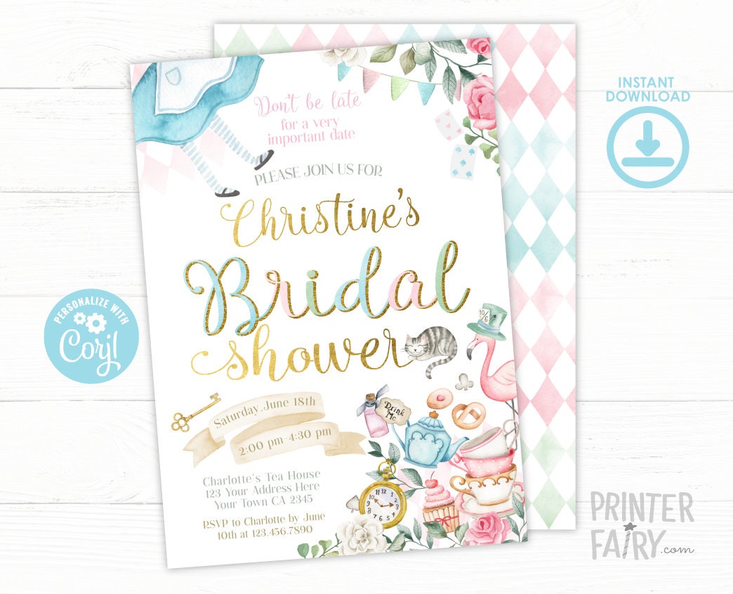 Alice in Wonderland Bridal Shower Invitation, Tea Party (Editable, Instant Download)