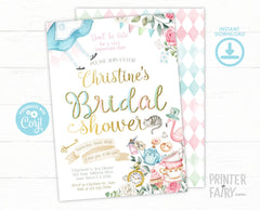 Alice in Wonderland Bridal Shower Invitation, Tea Party (Editable, Instant Download)