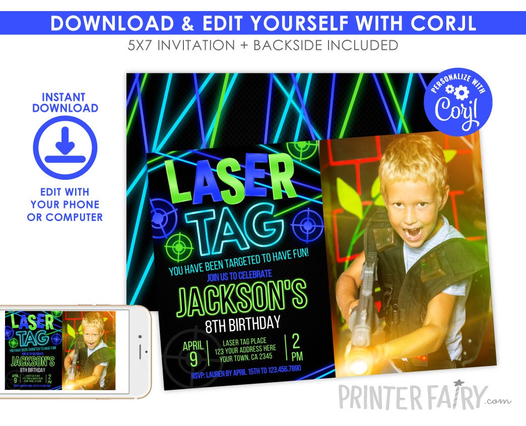 Laser Tag Birthday Invitation, Neon Glow, Editable Digital Invite
