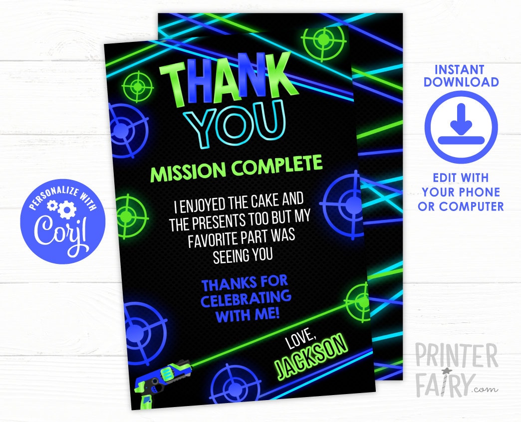 Laser Tag Thank You Card, Neon Glow Party, Editable (Instant Download)