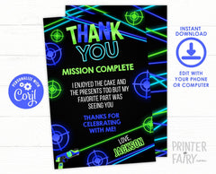 Laser Tag Thank You Card, Neon Glow Party, Editable (Instant Download)