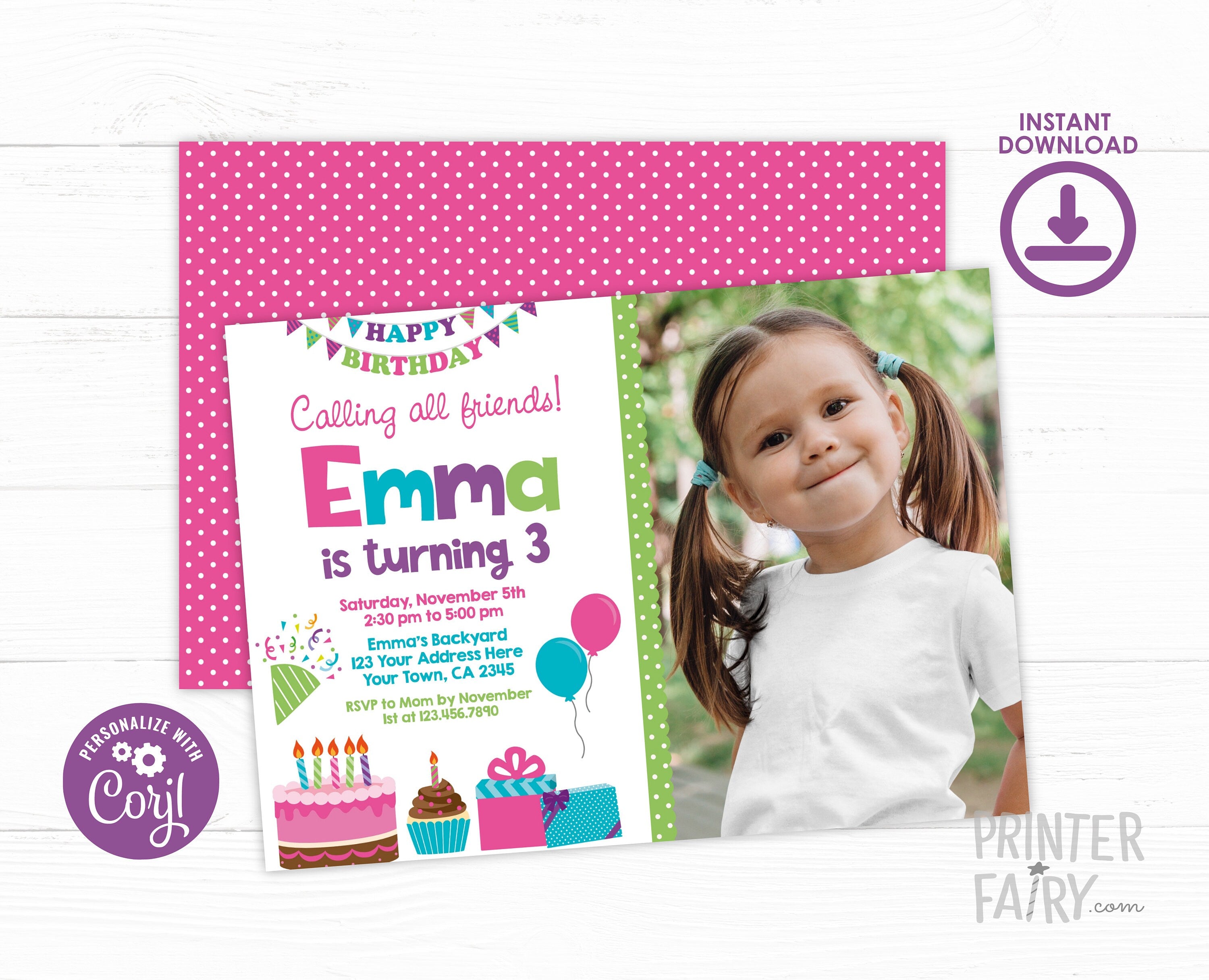 Birthday Party Invitation Editable Cupcake Party Template with Photo, Instant Download