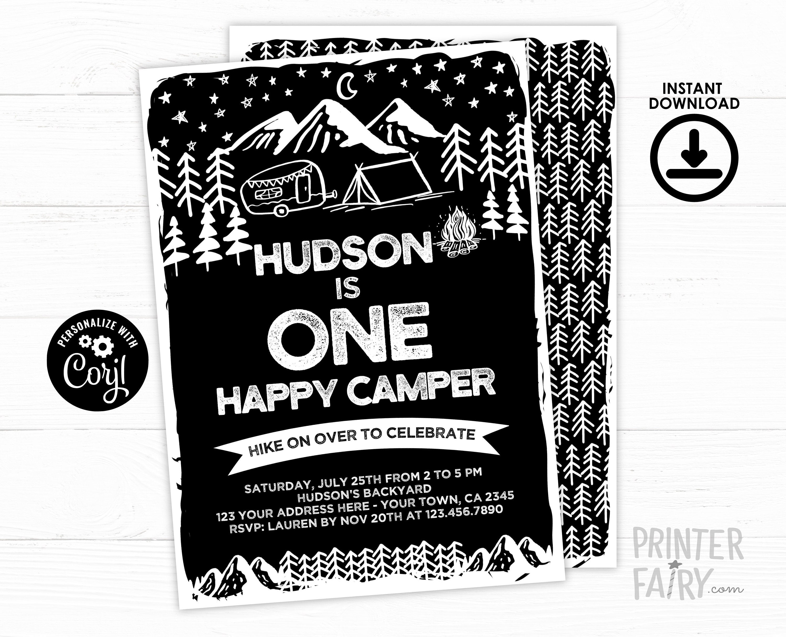 Happy Camper 1st Birthday Invitation, EDITABLE (Digital Download)
