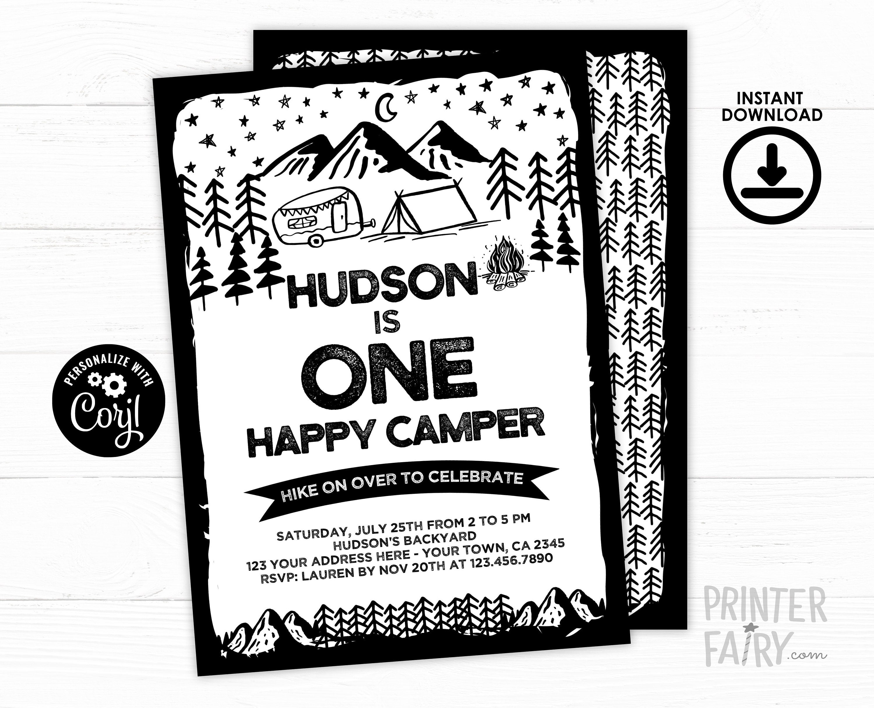 Happy Camper 1st Birthday Invitation, Camping Party (EDITABLE, INSTANT DOWNLOAD)