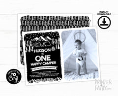 Happy Camper 1st Birthday Invitation, Photo, Summer Camp (INSTANT DOWNLOAD)