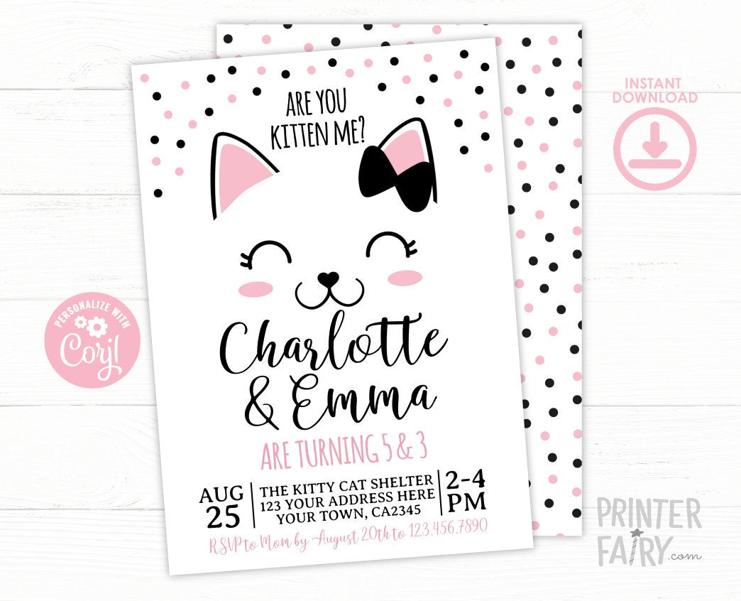 Editable Kitty Cat Birthday Invitation, Pet Adoption Party (Digital Invite)