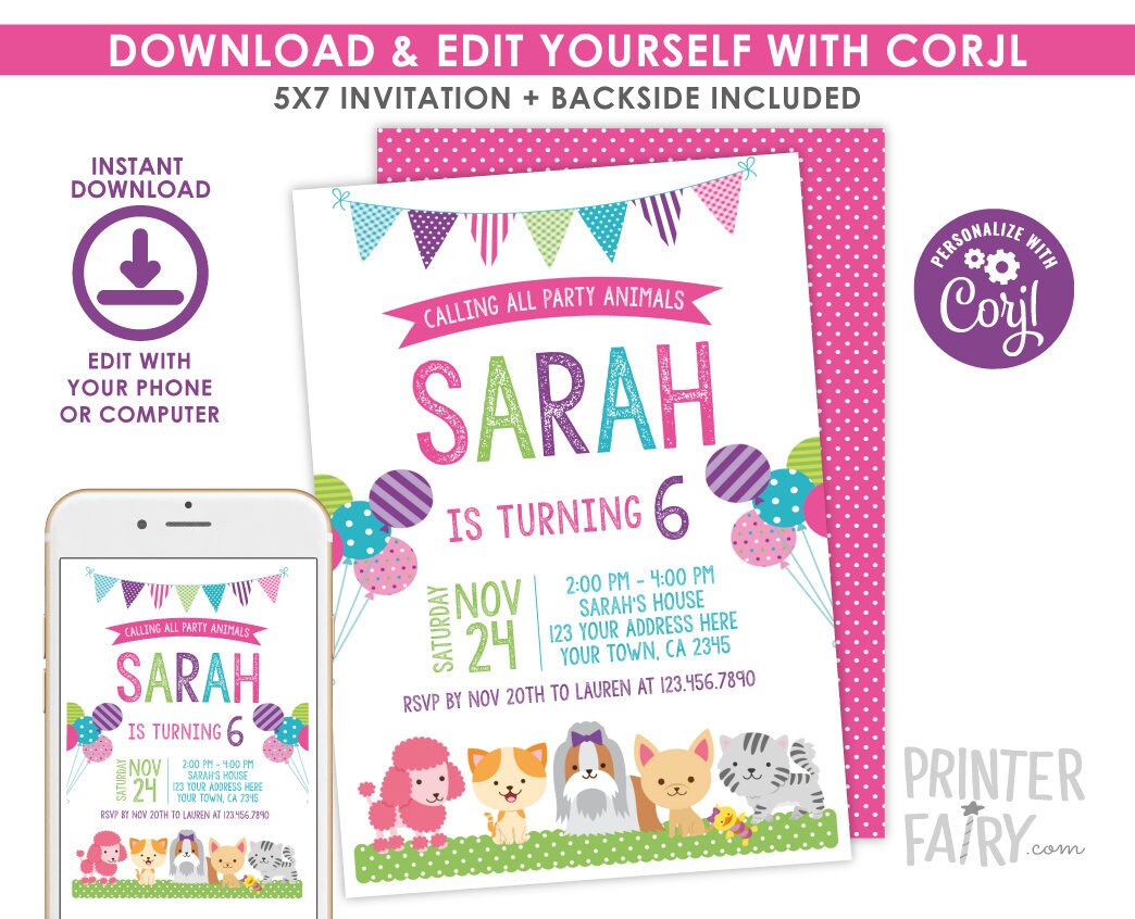 Puppies and Kitties Birthday Invitation EDITABLE Template, Pet Adoption Pawty (INSTANT DOWNLOAD)