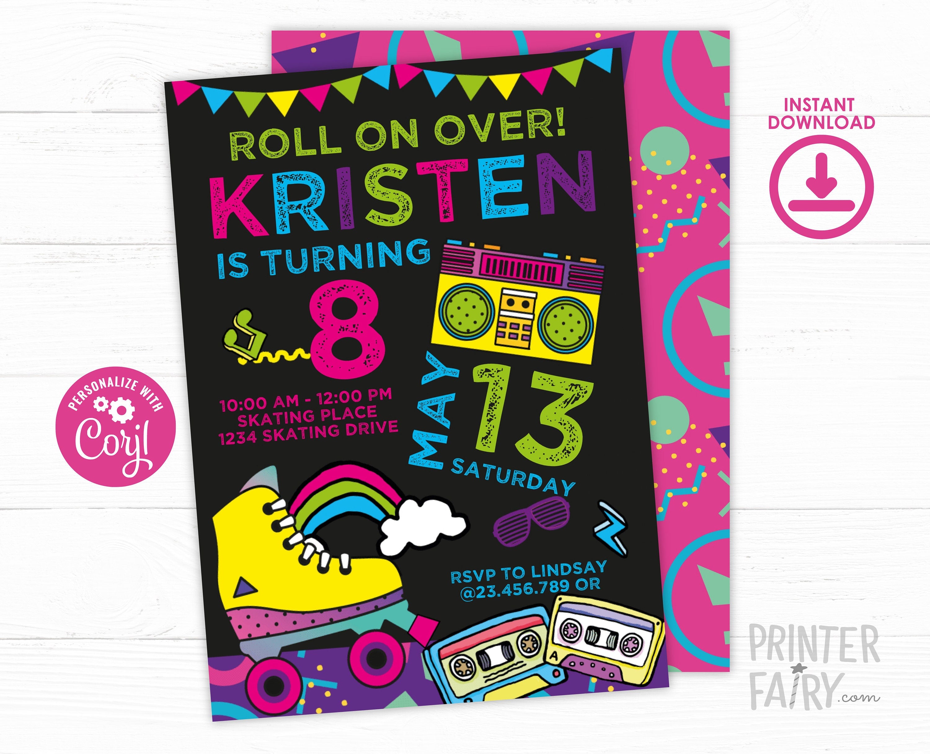 80s Roller Skate Birthday Invitation, Retro Party (Digital Download)