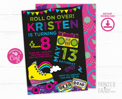 80s Roller Skate Birthday Invitation, Retro Party (Digital Download)