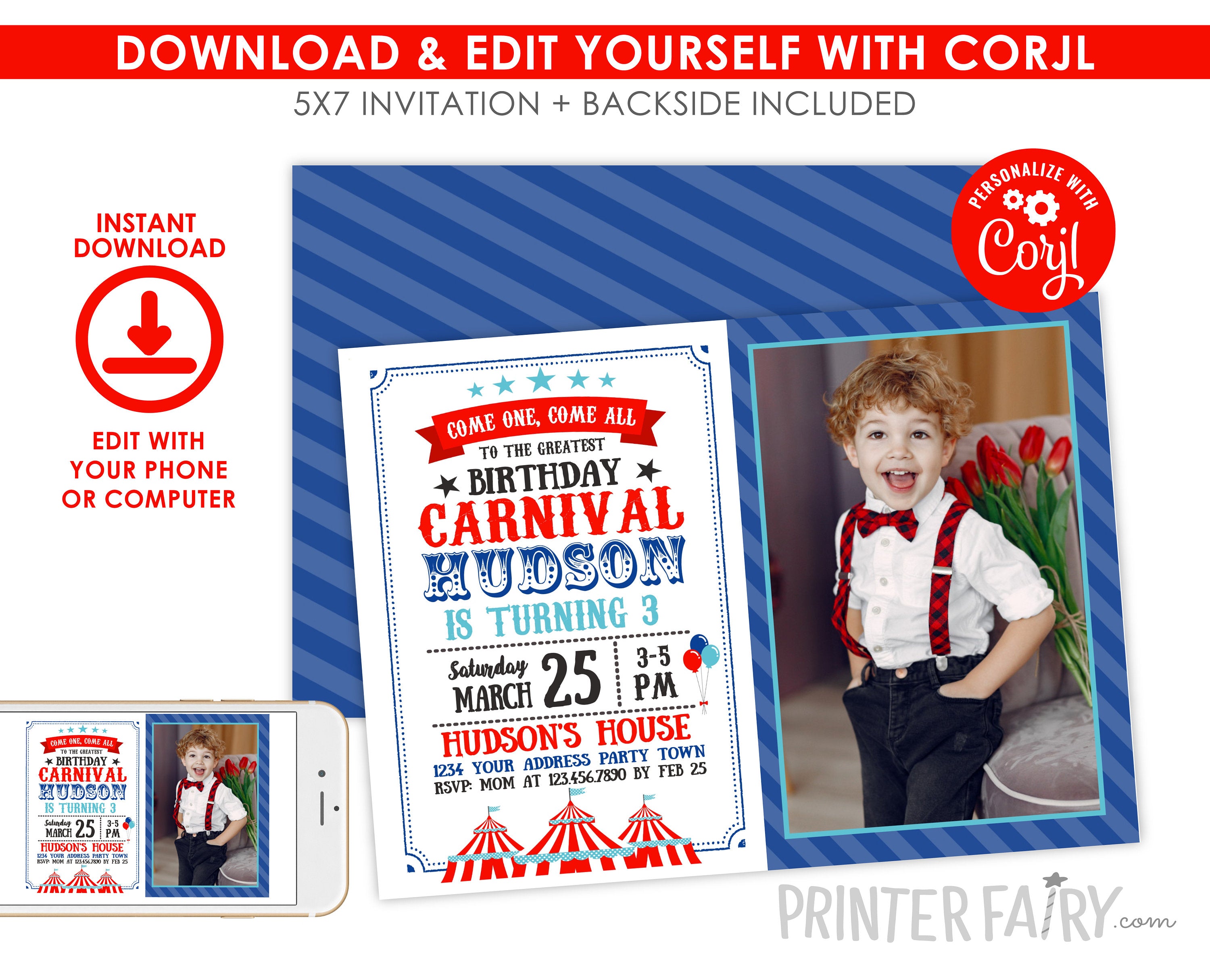 Editable Carnival Birthday Invitation with Photo (Instant Download)