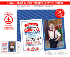 Editable Carnival Birthday Invitation with Photo (Instant Download)