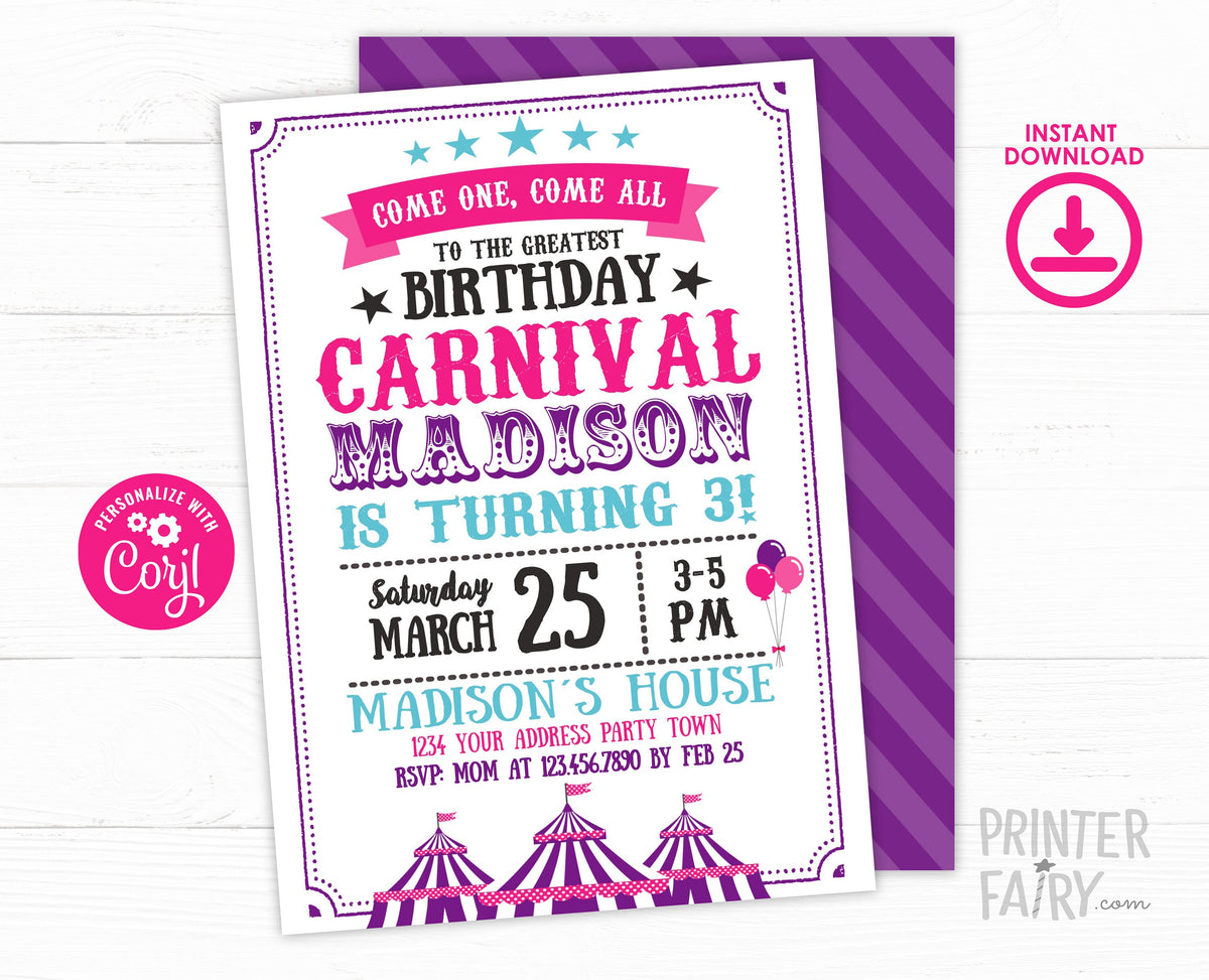 Editable Carnival Birthday Invitation, Circus Party (Instant Download)
