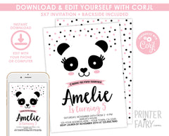 Panda Birthday Invitation Editable Template, Pink and Black, INSTANT DOWNLOAD