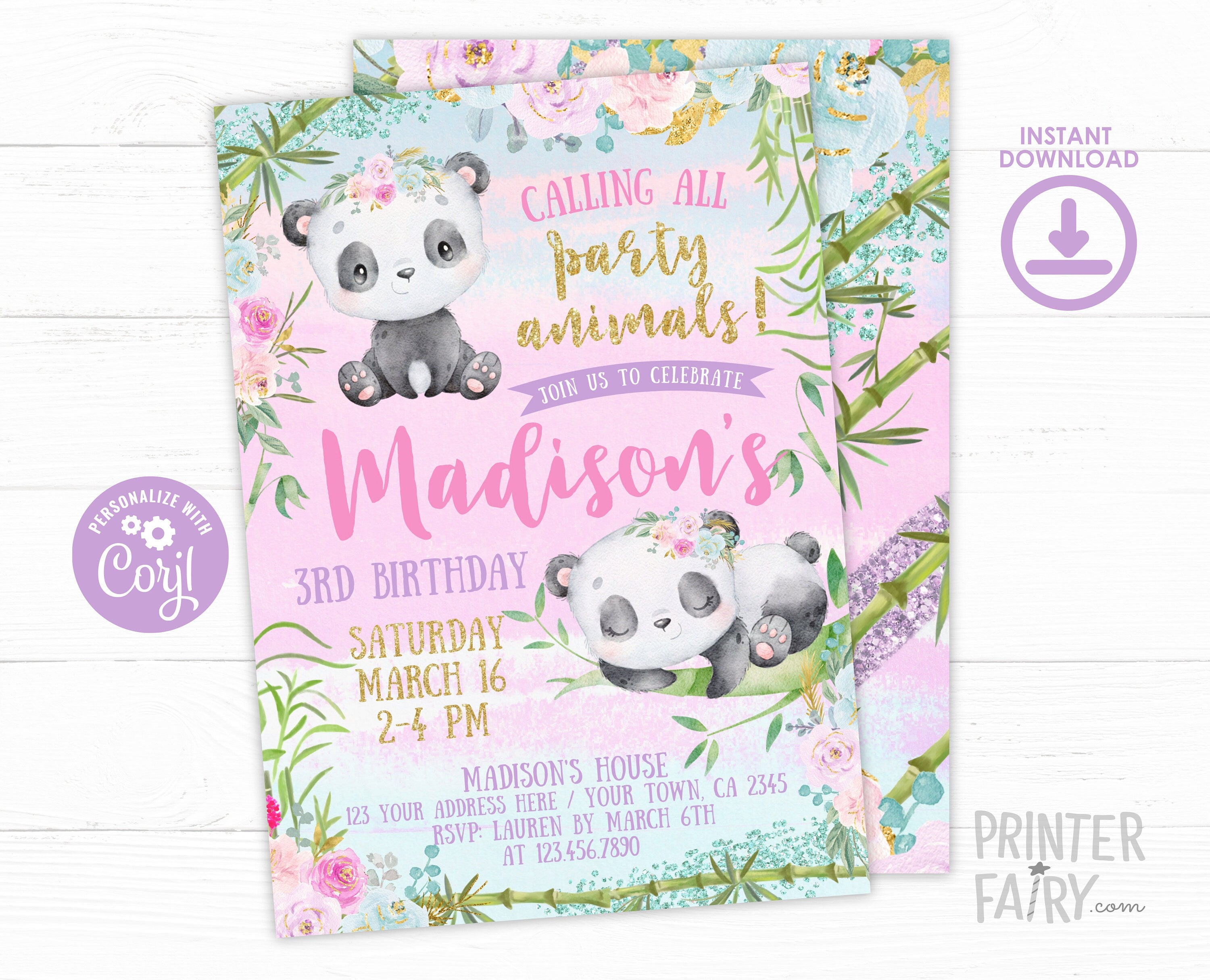 Panda Girl Birthday Invitation Editable Template for any age and any wording, INSTANT DOWNLOAD