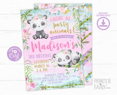 Panda Girl Birthday Invitation Editable Template for any age and any wording, INSTANT DOWNLOAD