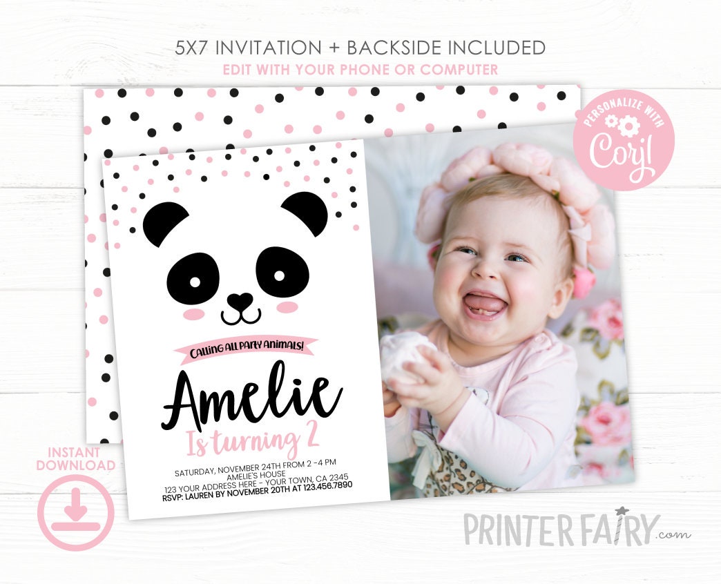 Panda Birthday Invitation with Photo, Black, White & Pink (Digital Invite)