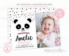 Panda Birthday Invitation with Photo, Black, White & Pink (Digital Invite)
