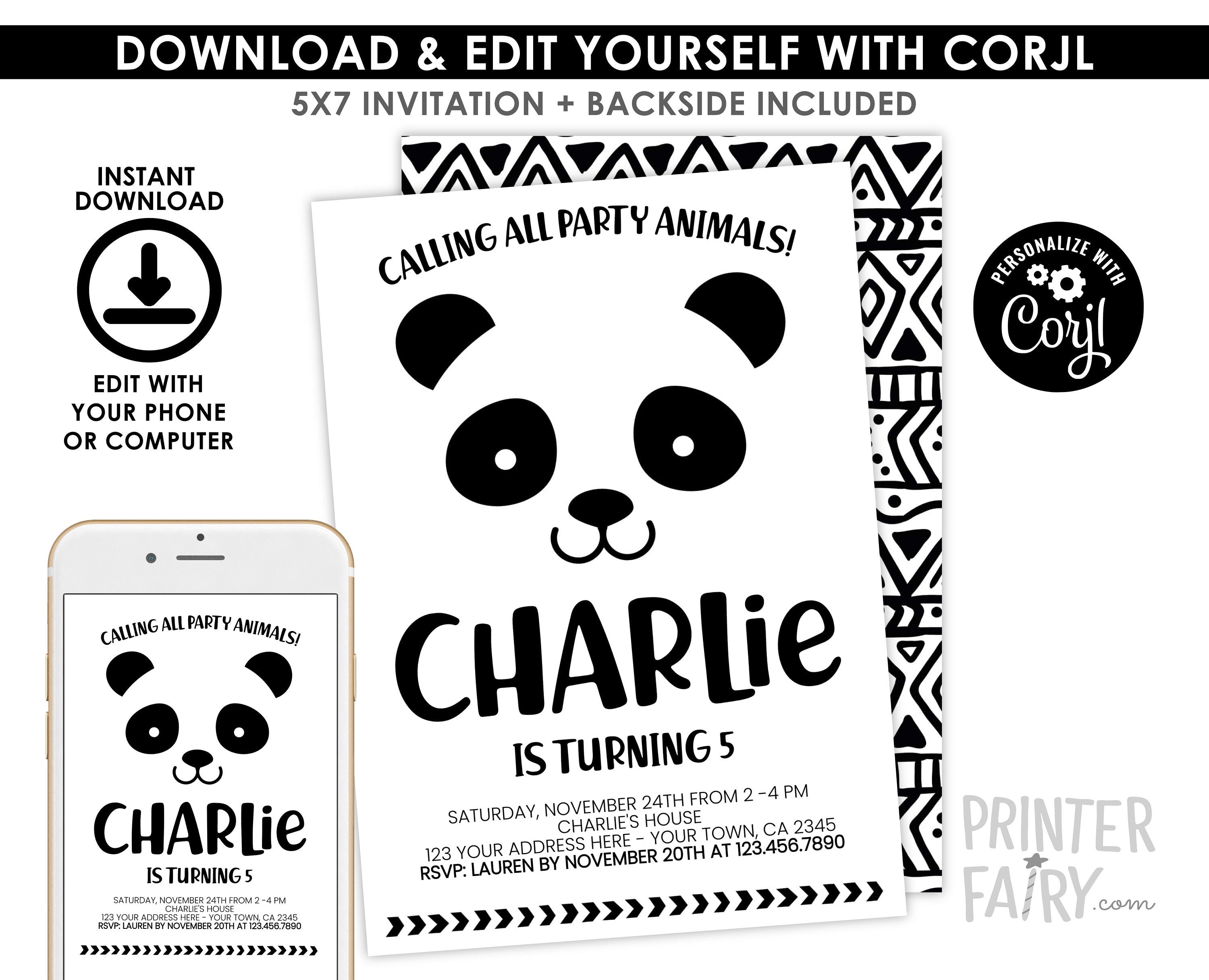 Panda Birthday Party Invitation Editable Template, Any age and wording, Instant Download