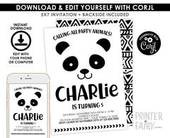 Panda Birthday Party Invitation Editable Template, Any age and wording, Instant Download