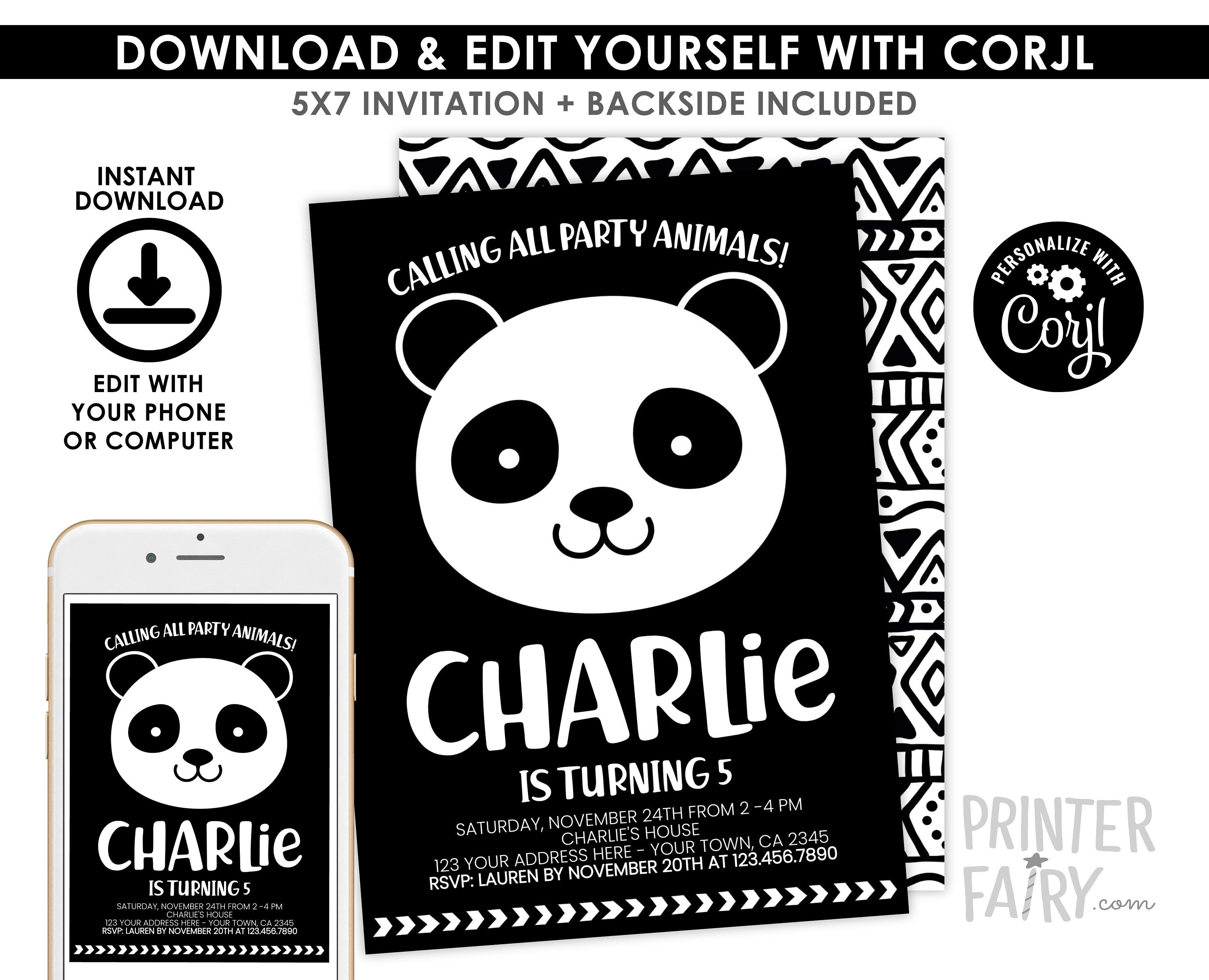 Panda Birthday Invitation, Modern Black White, Any Age (Digital Download)